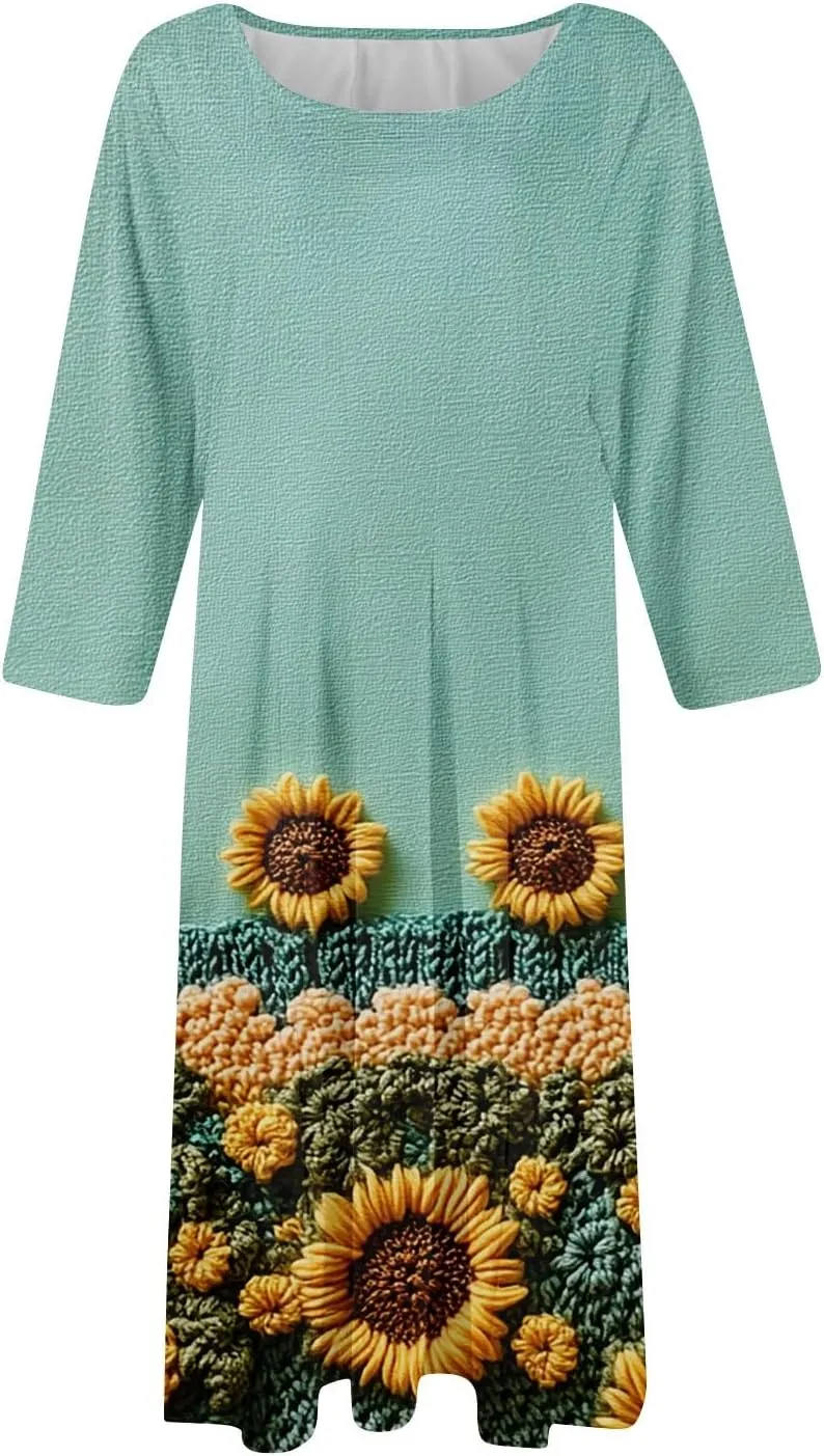 Womens Dresses Casual Spring 3/4 Sleeve A Line Dress Floral Print Midi Dress Summer Pleated Dresses with Pocket