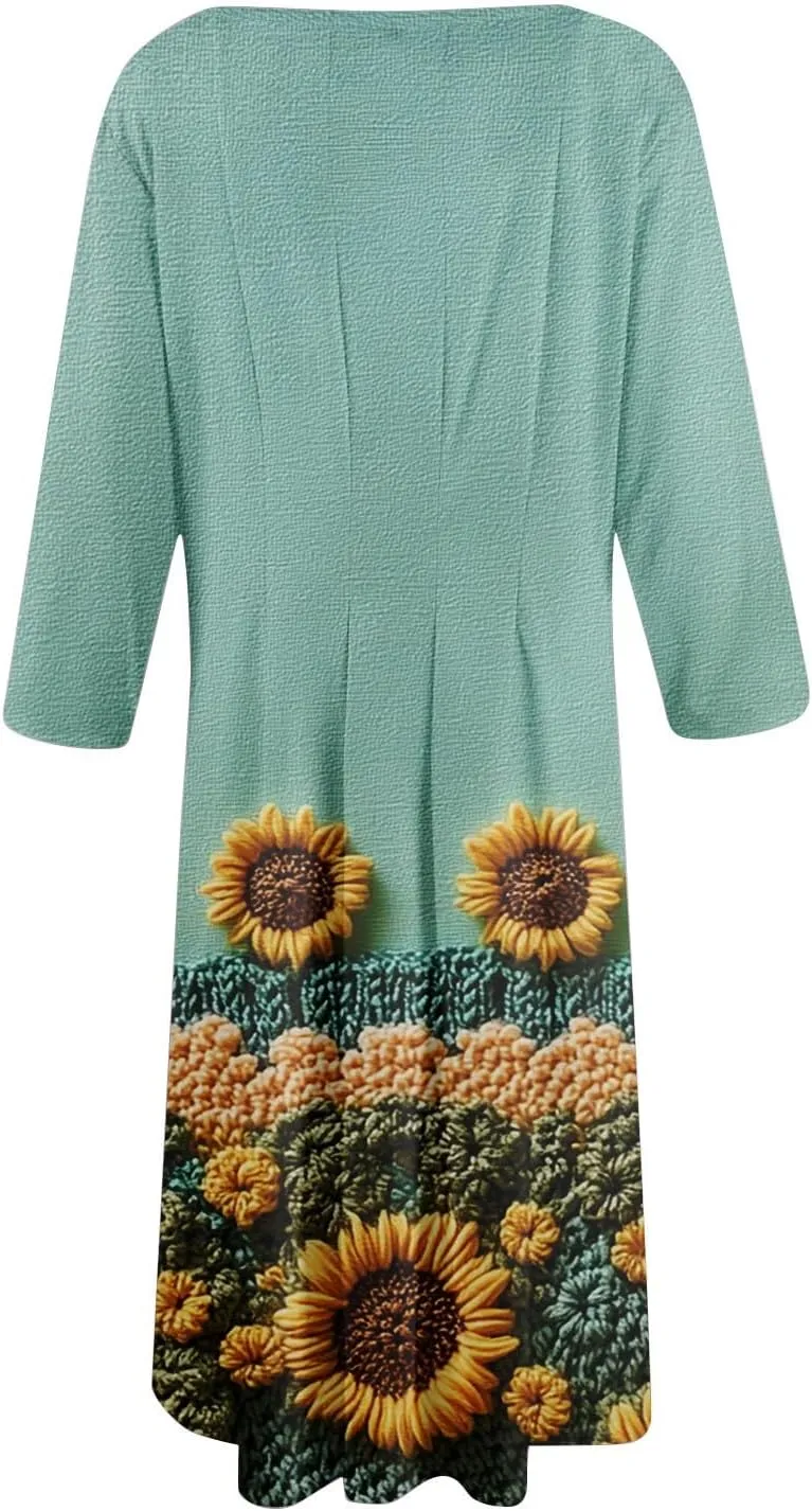 Womens Dresses Casual Spring 3/4 Sleeve A Line Dress Floral Print Midi Dress Summer Pleated Dresses with Pocket