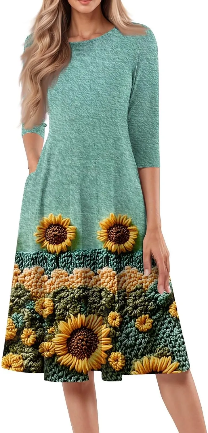 Womens Dresses Casual Spring 3/4 Sleeve A Line Dress Floral Print Midi Dress Summer Pleated Dresses with Pocket