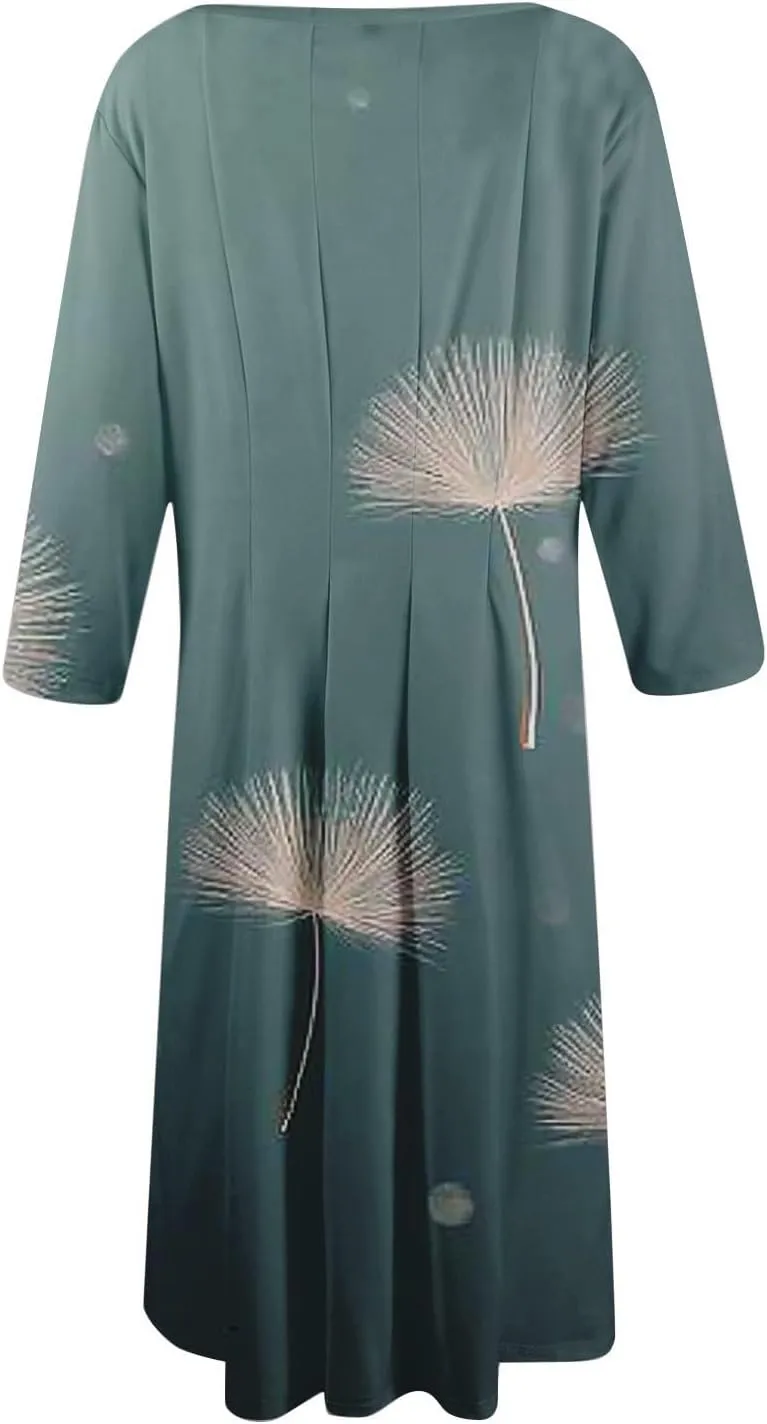 Womens Dresses Casual Spring 3/4 Sleeve A Line Dress Floral Print Midi Dress Summer Pleated Dresses with Pocket