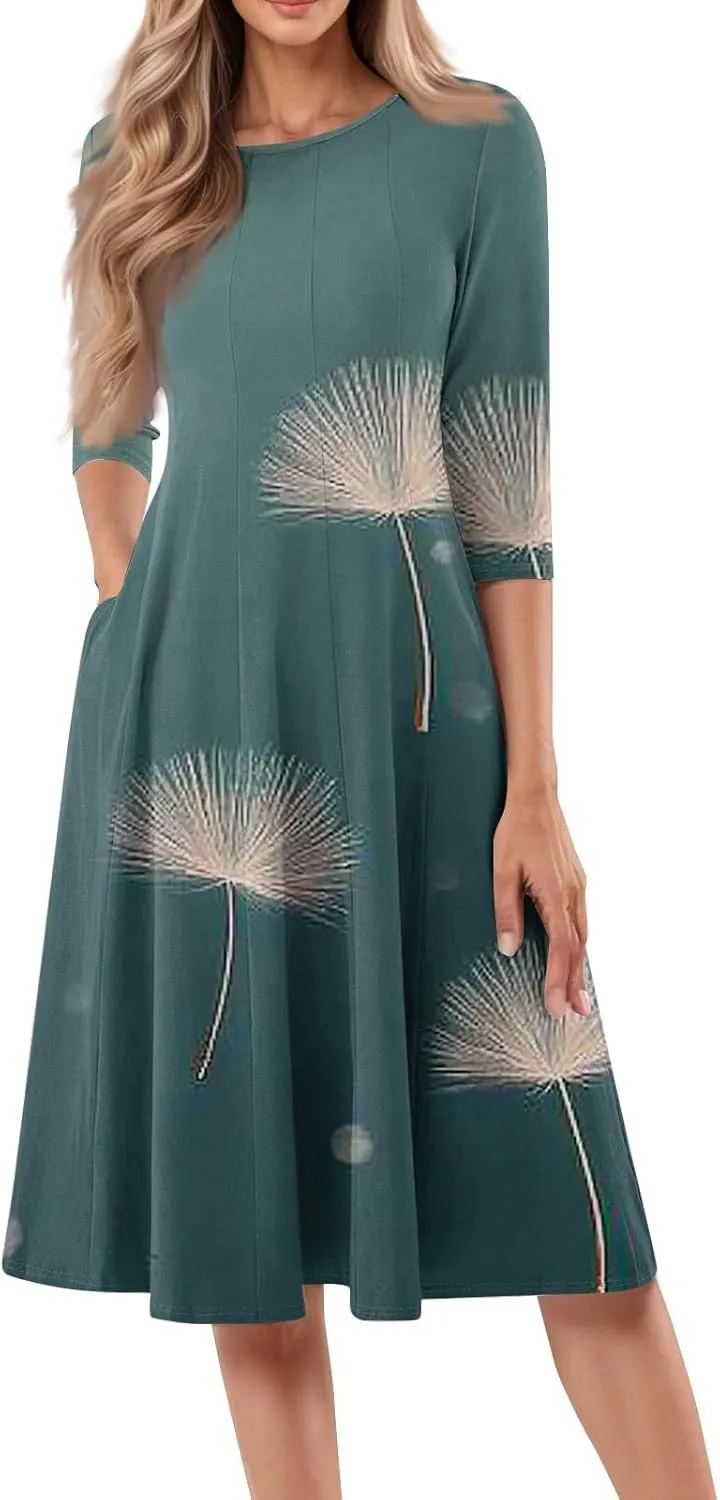 Womens Dresses Casual Spring 3/4 Sleeve A Line Dress Floral Print Midi Dress Summer Pleated Dresses with Pocket