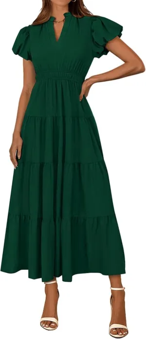 Women's Dresses Deep V Neck Ruffle Sleeve Smocked Waist Tiered Dress A Line Beach Maxi Flowy Cocktail Dresses