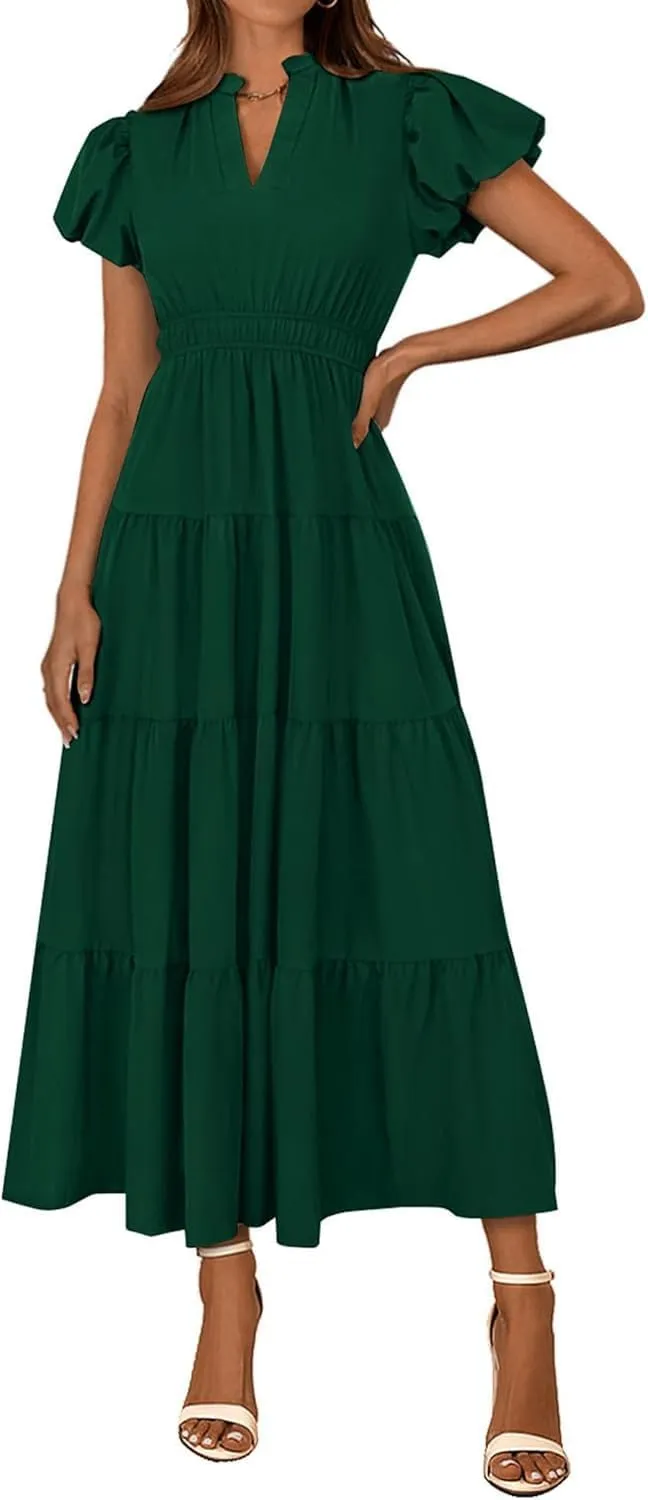 Women's Dresses Deep V Neck Ruffle Sleeve Smocked Waist Tiered Dress A Line Beach Maxi Flowy Cocktail Dresses