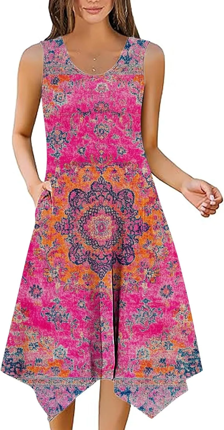 Womens Dresses Fashion Sleeveless Empire Waist Dress with Pockets Sundresses Ruffle Flowy a-Line Beach Mini Dress