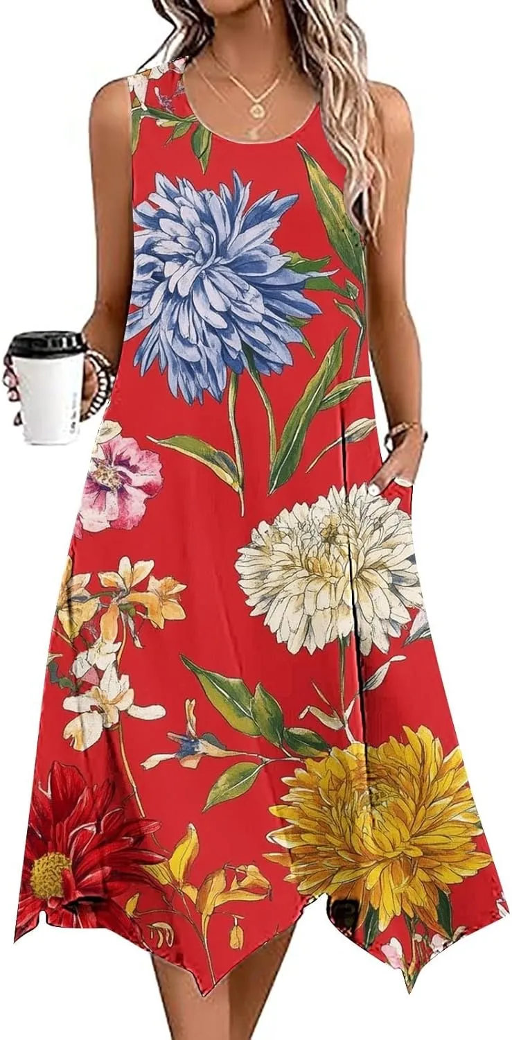 Womens Dresses Fashion Sleeveless Empire Waist Dress with Pockets Sundresses Ruffle Flowy a-Line Beach Mini Dress
