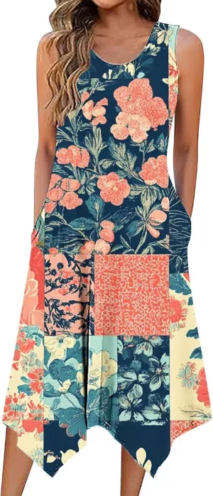 Womens Dresses Fashion Sleeveless Empire Waist Dress with Pockets Sundresses Ruffle Flowy a-Line Beach Mini Dress