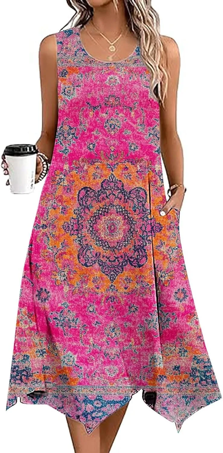 Womens Dresses Fashion Sleeveless Empire Waist Dress with Pockets Sundresses Ruffle Flowy a-Line Beach Mini Dress
