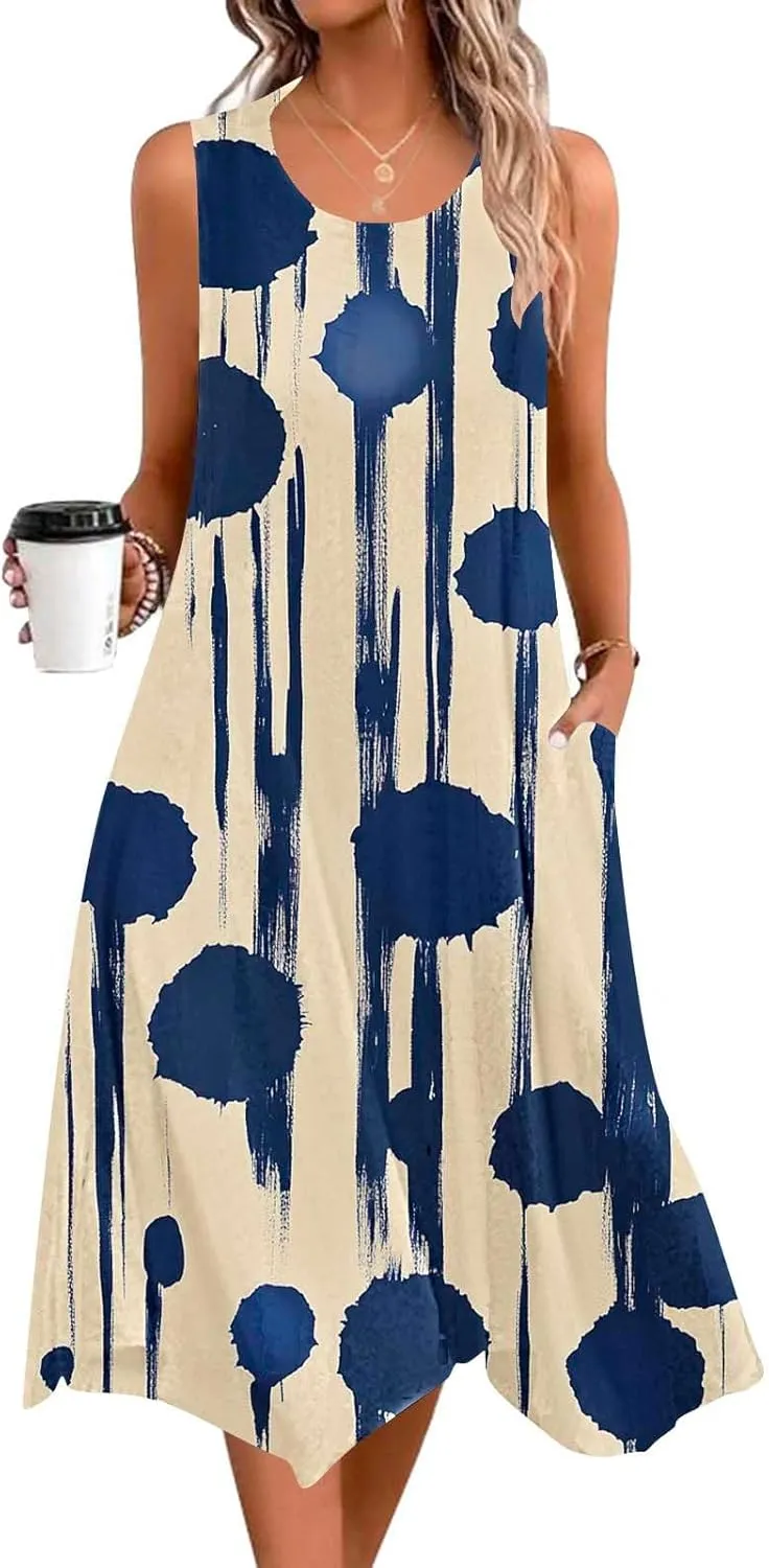 Womens Dresses Fashion Sleeveless Empire Waist Dress with Pockets Sundresses Ruffle Flowy a-Line Beach Mini Dress