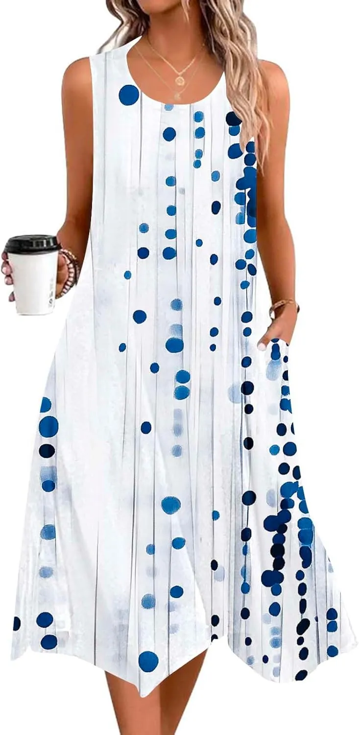 Womens Dresses Fashion Sleeveless Empire Waist Dress with Pockets Sundresses Ruffle Flowy a-Line Beach Mini Dress