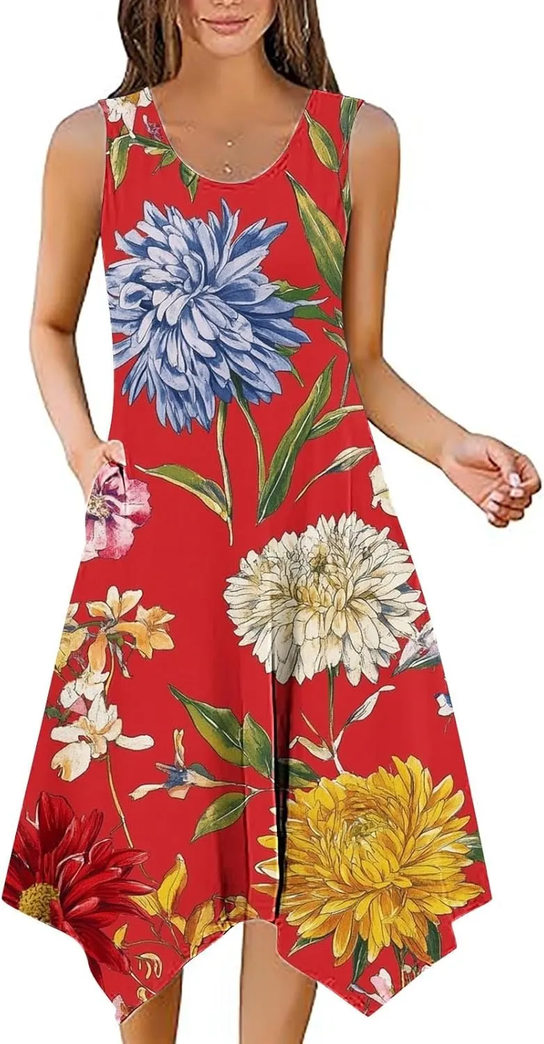 Womens Dresses Fashion Sleeveless Empire Waist Dress with Pockets Sundresses Ruffle Flowy a-Line Beach Mini Dress