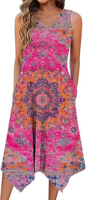 Womens Dresses Fashion Sleeveless Empire Waist Dress with Pockets Sundresses Ruffle Flowy a-Line Beach Mini Dress
