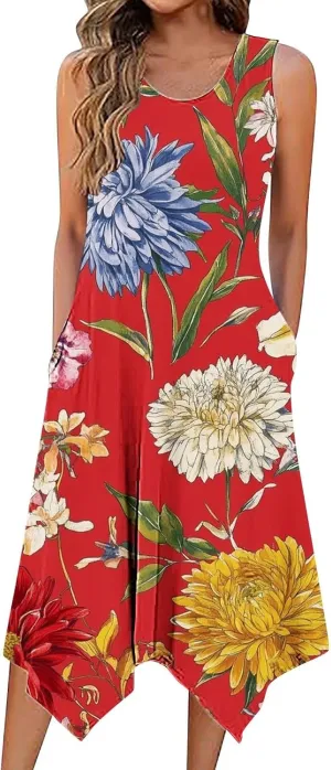 Womens Dresses Fashion Sleeveless Empire Waist Dress with Pockets Sundresses Ruffle Flowy a-Line Beach Mini Dress