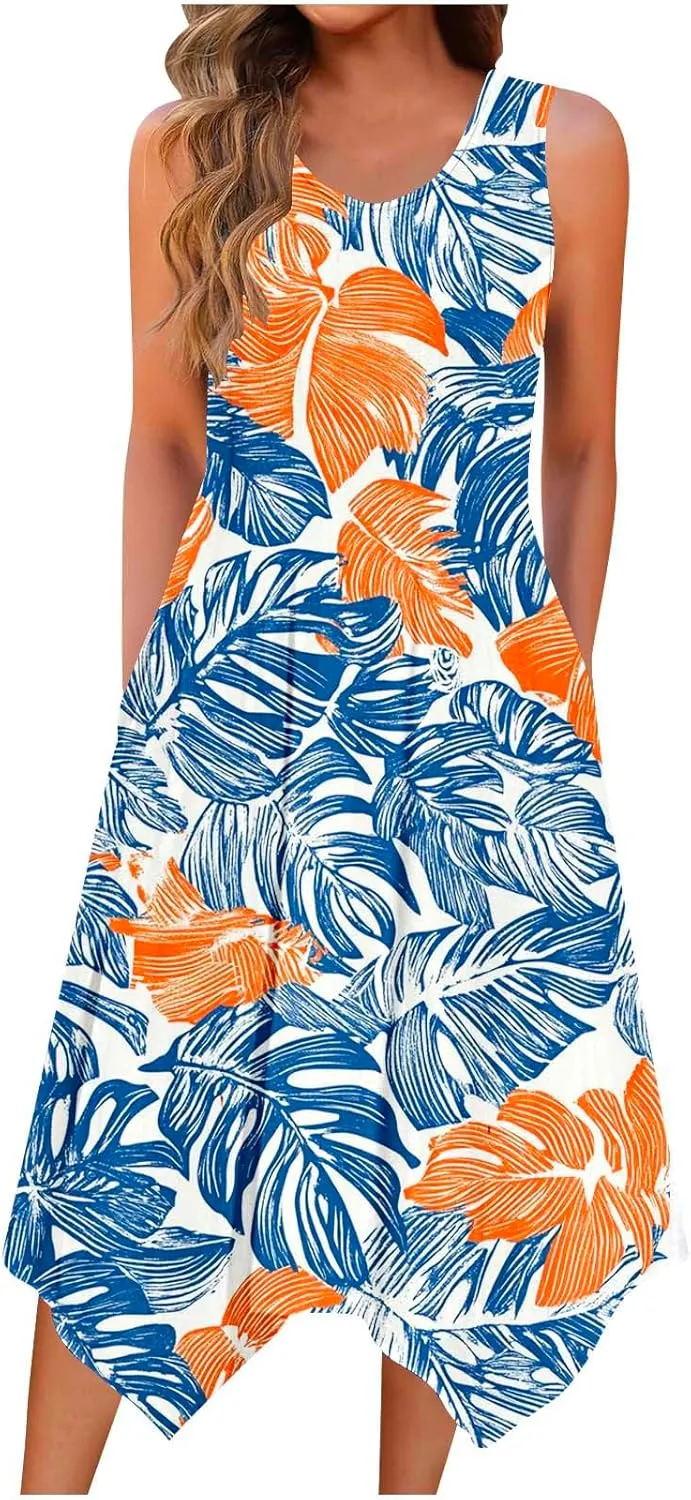 Womens Dresses Fashion Sleeveless Empire Waist Dress with Pockets Sundresses Ruffle Flowy a-Line Beach Mini Dress
