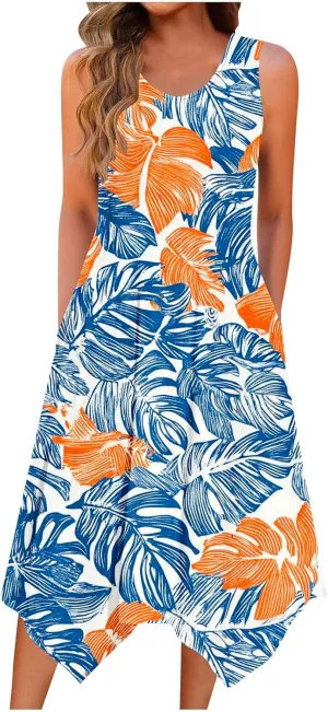 Womens Dresses Fashion Sleeveless Empire Waist Dress with Pockets Sundresses Ruffle Flowy a-Line Beach Mini Dress