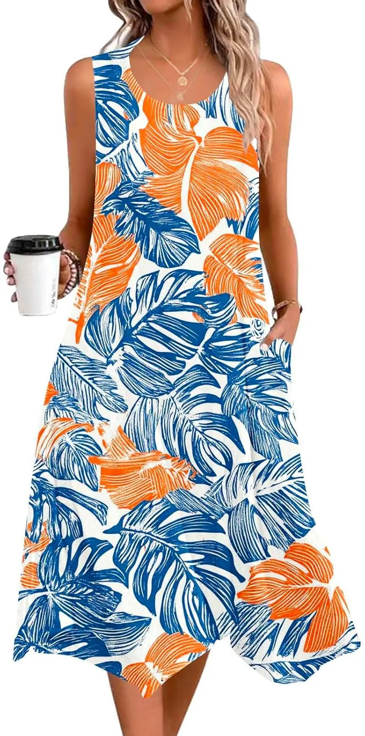 Womens Dresses Fashion Sleeveless Empire Waist Dress with Pockets Sundresses Ruffle Flowy a-Line Beach Mini Dress