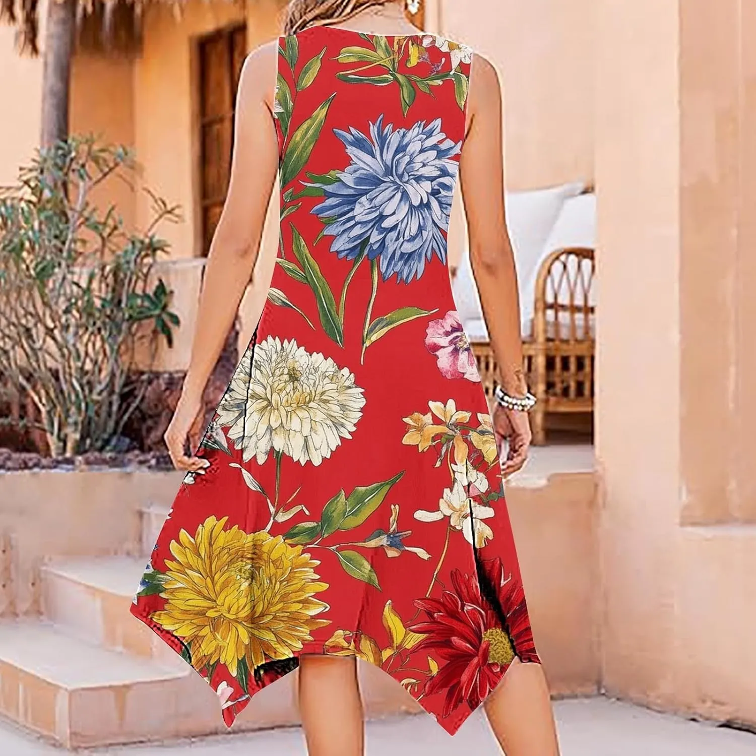 Womens Dresses Fashion Sleeveless Empire Waist Dress with Pockets Sundresses Ruffle Flowy a-Line Beach Mini Dress