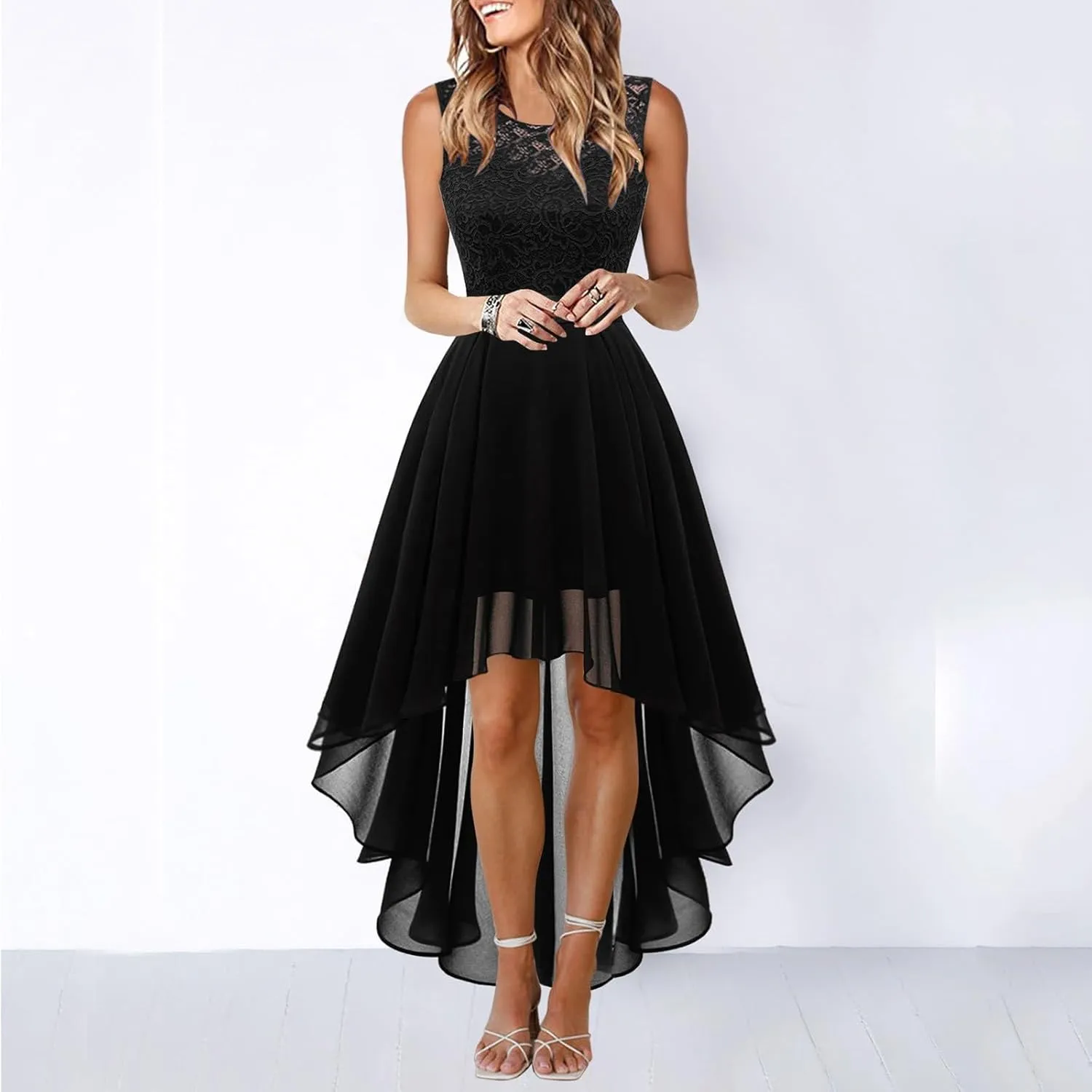 Womens Dresses Sleeveless Lace High Low Homecoming Dress Cocktail Prom Dresses 2025 Formal Wedding Guest Dresses