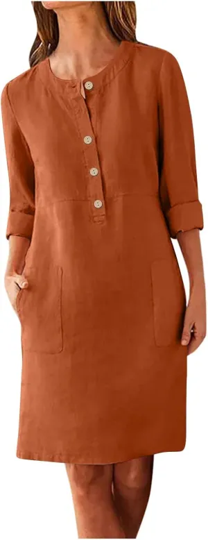 Women's Dresses Summer 2024 Dresses Casual Loose Solid Color Round Neck Short Sleeve Button Dresses, S-5XL