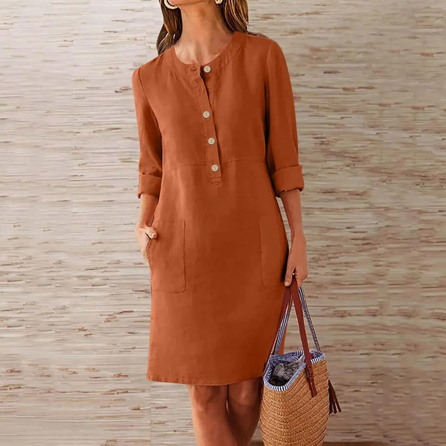 Women's Dresses Summer 2024 Dresses Casual Loose Solid Color Round Neck Short Sleeve Button Dresses, S-5XL