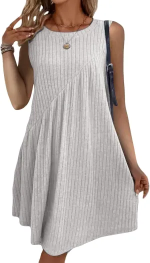 Womens Dresses Summer Casual Sleeveless Crewneck Loose Mini Dress A Line Pleated Tank Dress Ribbed Knit Dresses