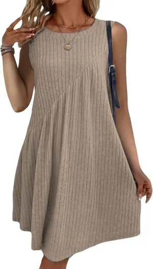 Womens Dresses Summer Casual Sleeveless Crewneck Loose Mini Dress A Line Pleated Tank Dress Ribbed Knit Dresses