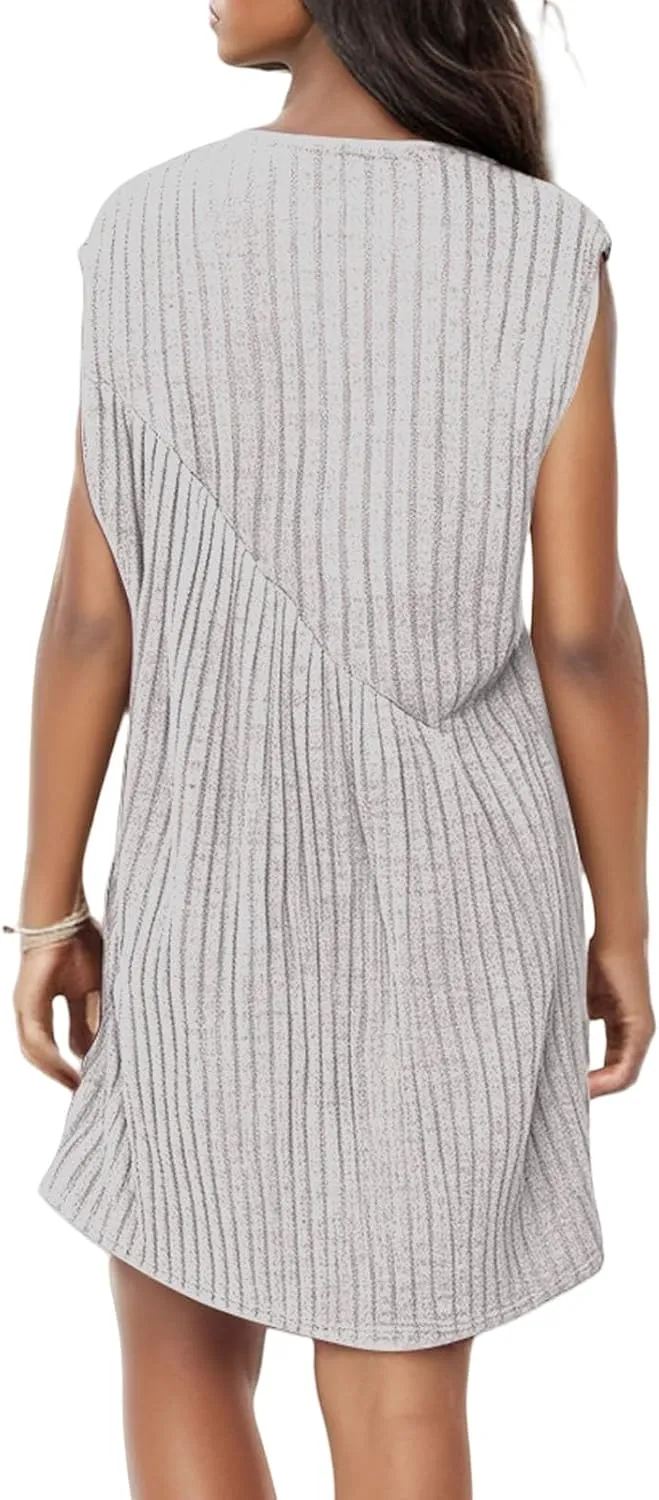Womens Dresses Summer Casual Sleeveless Crewneck Loose Mini Dress A Line Pleated Tank Dress Ribbed Knit Dresses