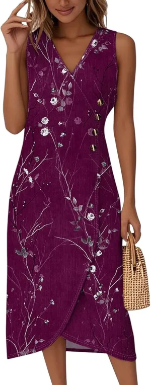 Womens Dresses Summer Wrap Midi Dresses for Women Puff Sleeve Summer Dresses Casual Loose Floor Length