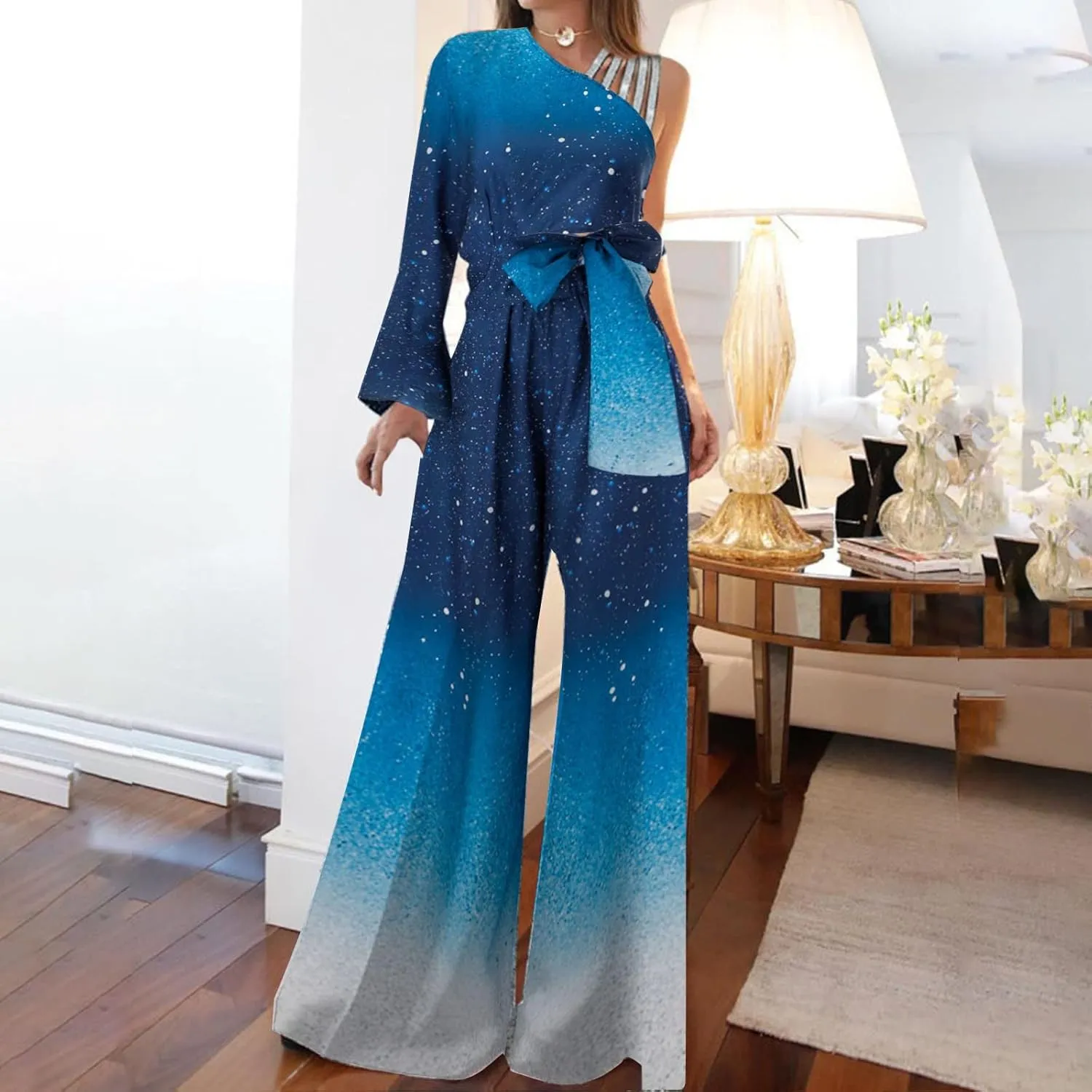 Womens Dressy Jumpsuits for Wedding Guest Sparkly High Waist Wide Leg Pants Gradient Color Belted Rompers