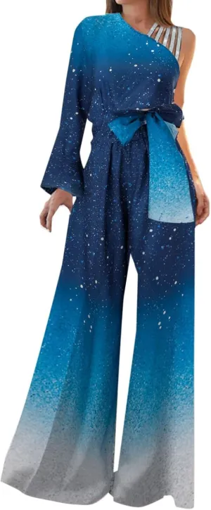 Womens Dressy Jumpsuits for Wedding Guest Sparkly High Waist Wide Leg Pants Gradient Color Belted Rompers