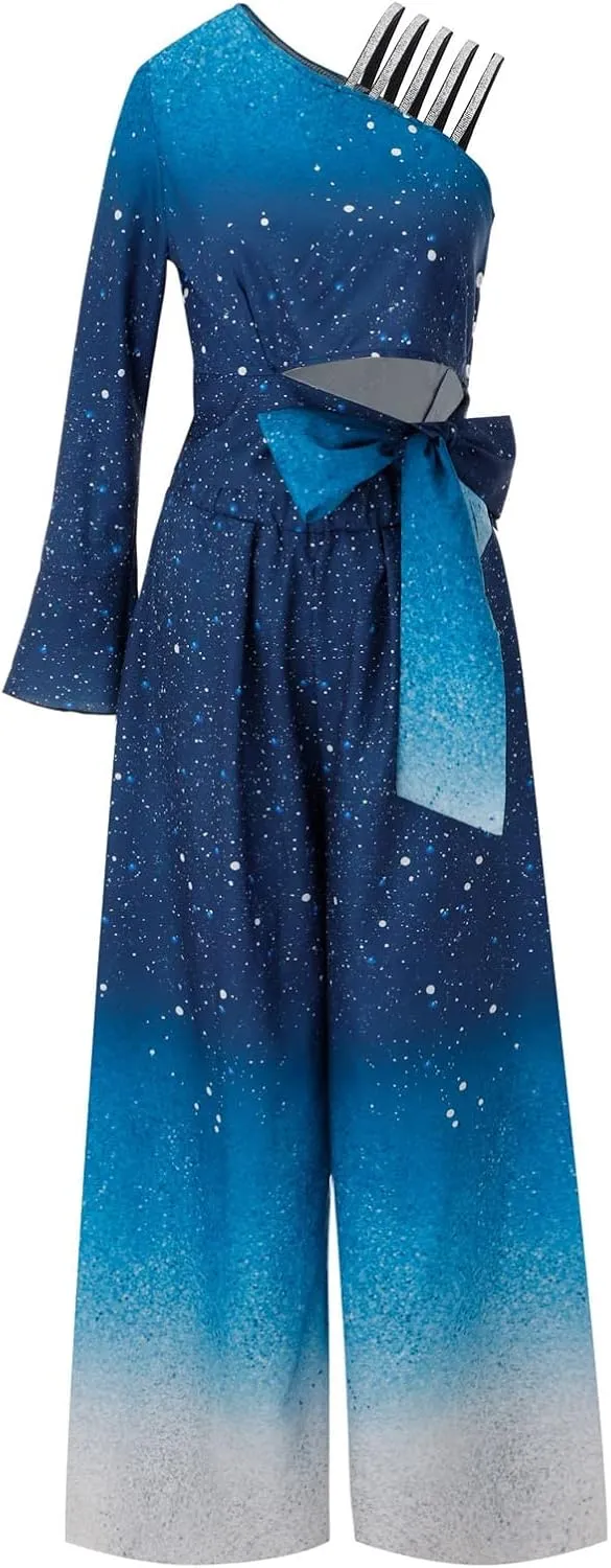 Womens Dressy Jumpsuits for Wedding Guest Sparkly High Waist Wide Leg Pants Gradient Color Belted Rompers