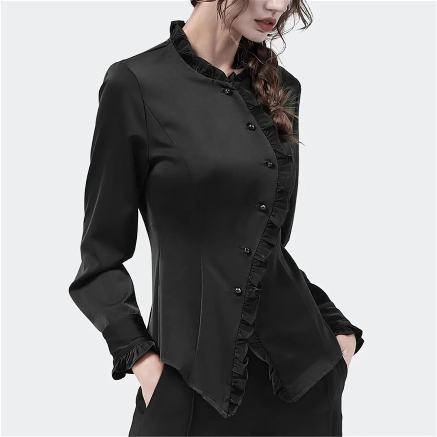 Women's Elegant Asymmetric Ruffles Dress Shirt Solid Satin Long Sleeve Chic Cinched Waist Office Blouses