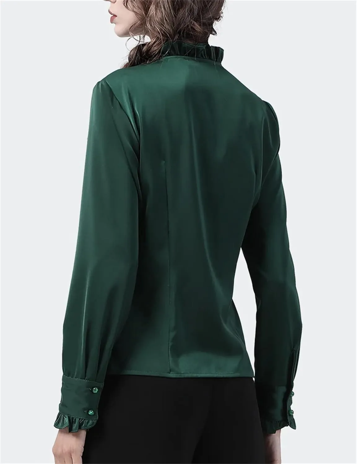 Women's Elegant Asymmetric Ruffles Dress Shirt Solid Satin Long Sleeve Chic Cinched Waist Office Blouses