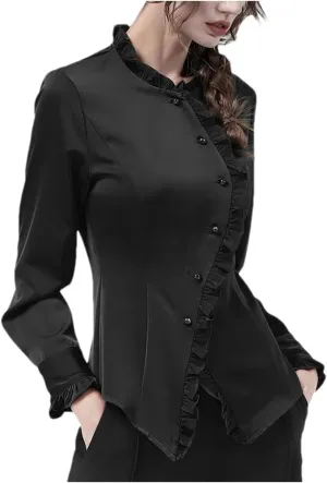 Women's Elegant Asymmetric Ruffles Dress Shirt Solid Satin Long Sleeve Chic Cinched Waist Office Blouses