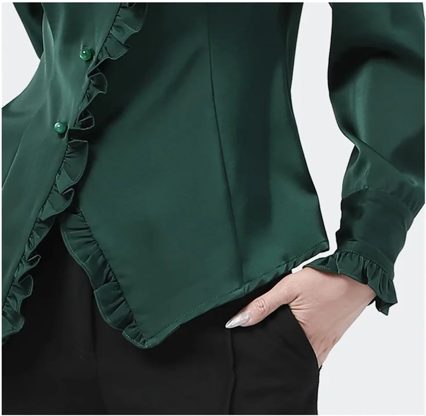 Women's Elegant Asymmetric Ruffles Dress Shirt Solid Satin Long Sleeve Chic Cinched Waist Office Blouses