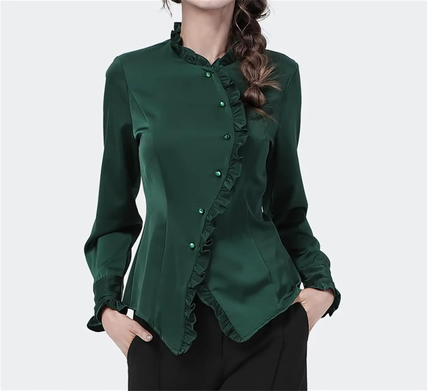 Women's Elegant Asymmetric Ruffles Dress Shirt Solid Satin Long Sleeve Chic Cinched Waist Office Blouses