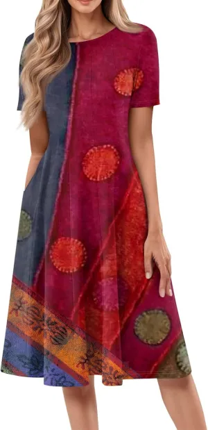 Women's Elegant Crew Neck Midi Dress 2025 Spring Summer Casual Short Sleeve Dresses A-Line Floral Printed Dress