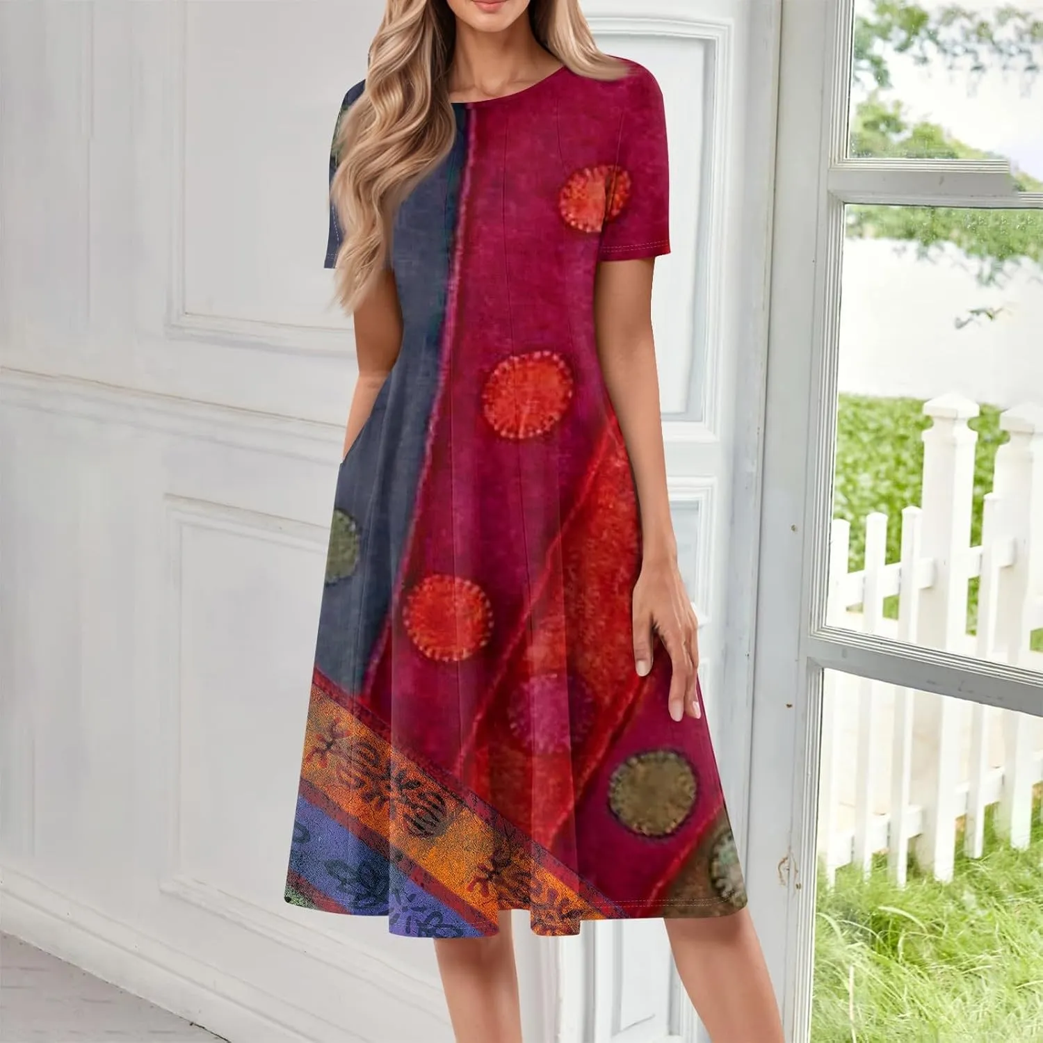 Women's Elegant Crew Neck Midi Dress 2025 Spring Summer Casual Short Sleeve Dresses A-Line Floral Printed Dress
