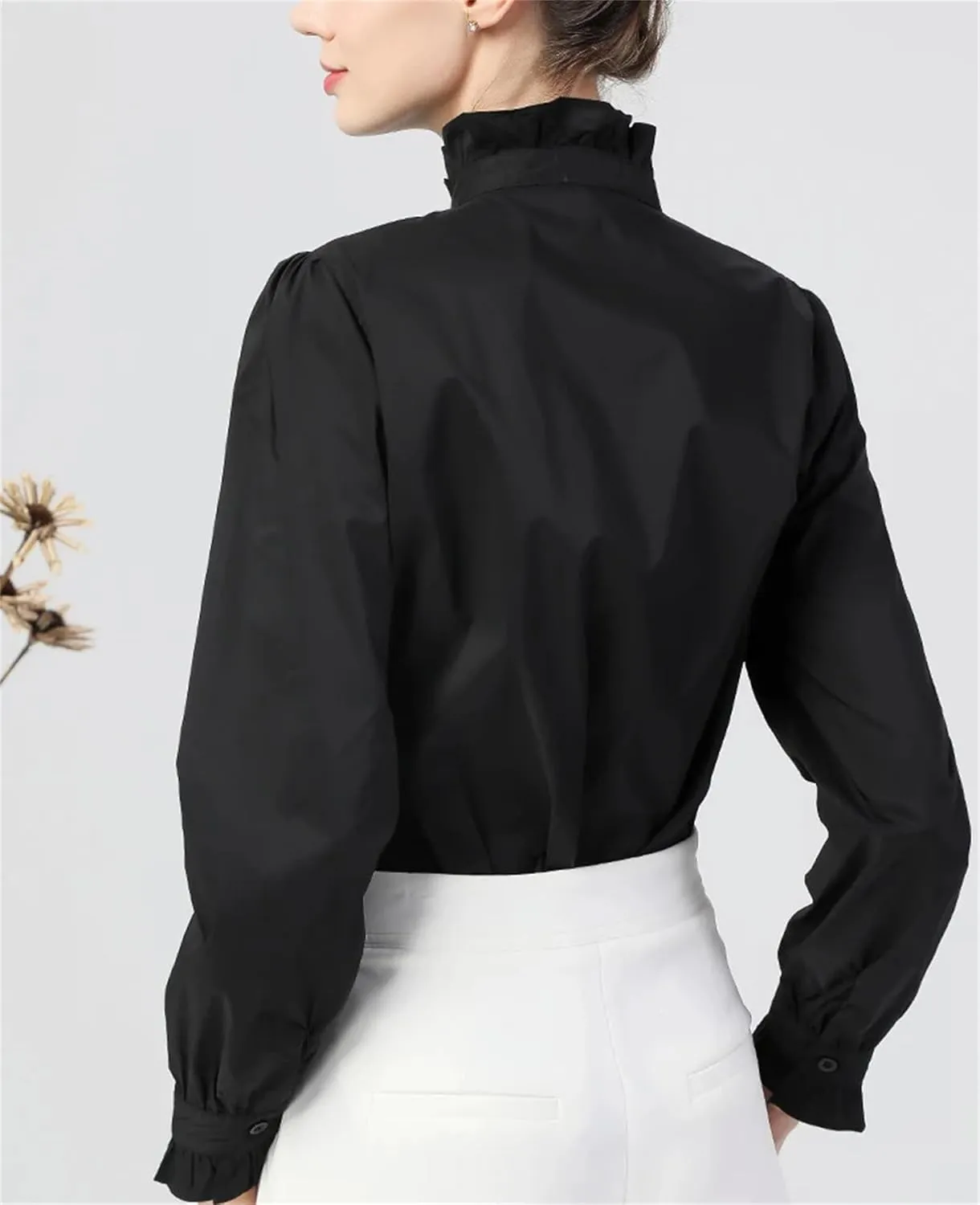 Women's Elegant Ruffled Long Sleeve Button-Down Shirt Casual Loose Stand Collar Cotton Blouses Tops