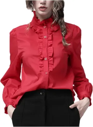 Women's Elegant Ruffled Long Sleeve Button-Down Shirt Casual Loose Stand Collar Cotton Blouses Tops