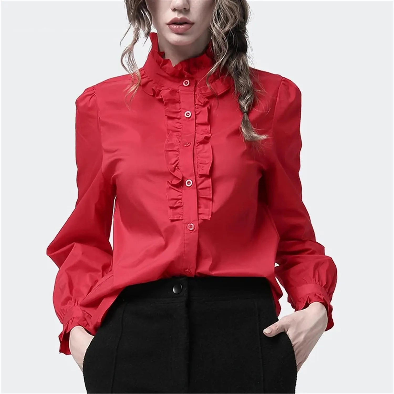 Women's Elegant Ruffled Long Sleeve Button-Down Shirt Casual Loose Stand Collar Cotton Blouses Tops