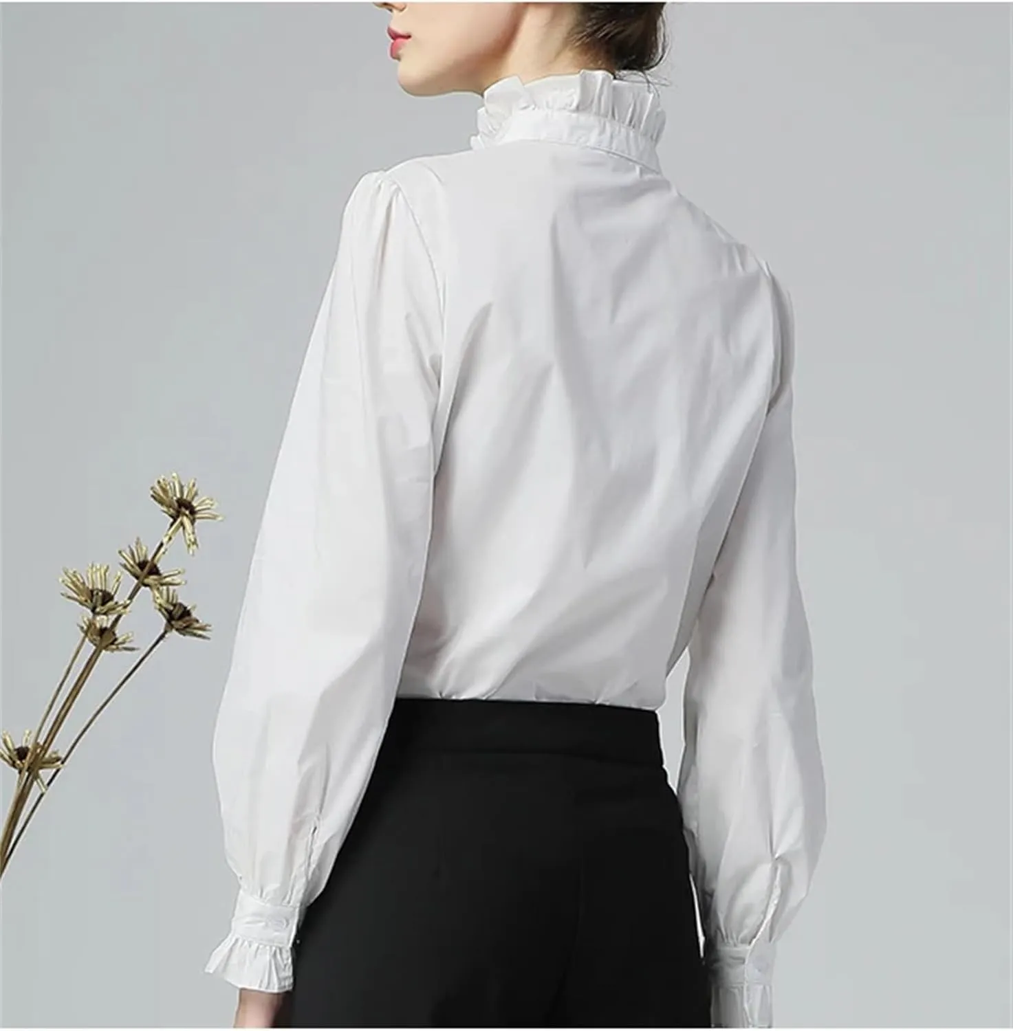 Women's Elegant Ruffled Long Sleeve Button-Down Shirt Casual Loose Stand Collar Cotton Blouses Tops