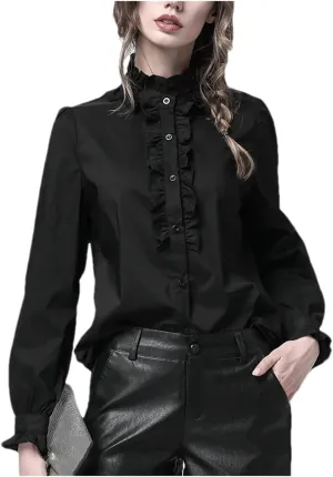 Women's Elegant Ruffled Long Sleeve Button-Down Shirt Casual Loose Stand Collar Cotton Blouses Tops