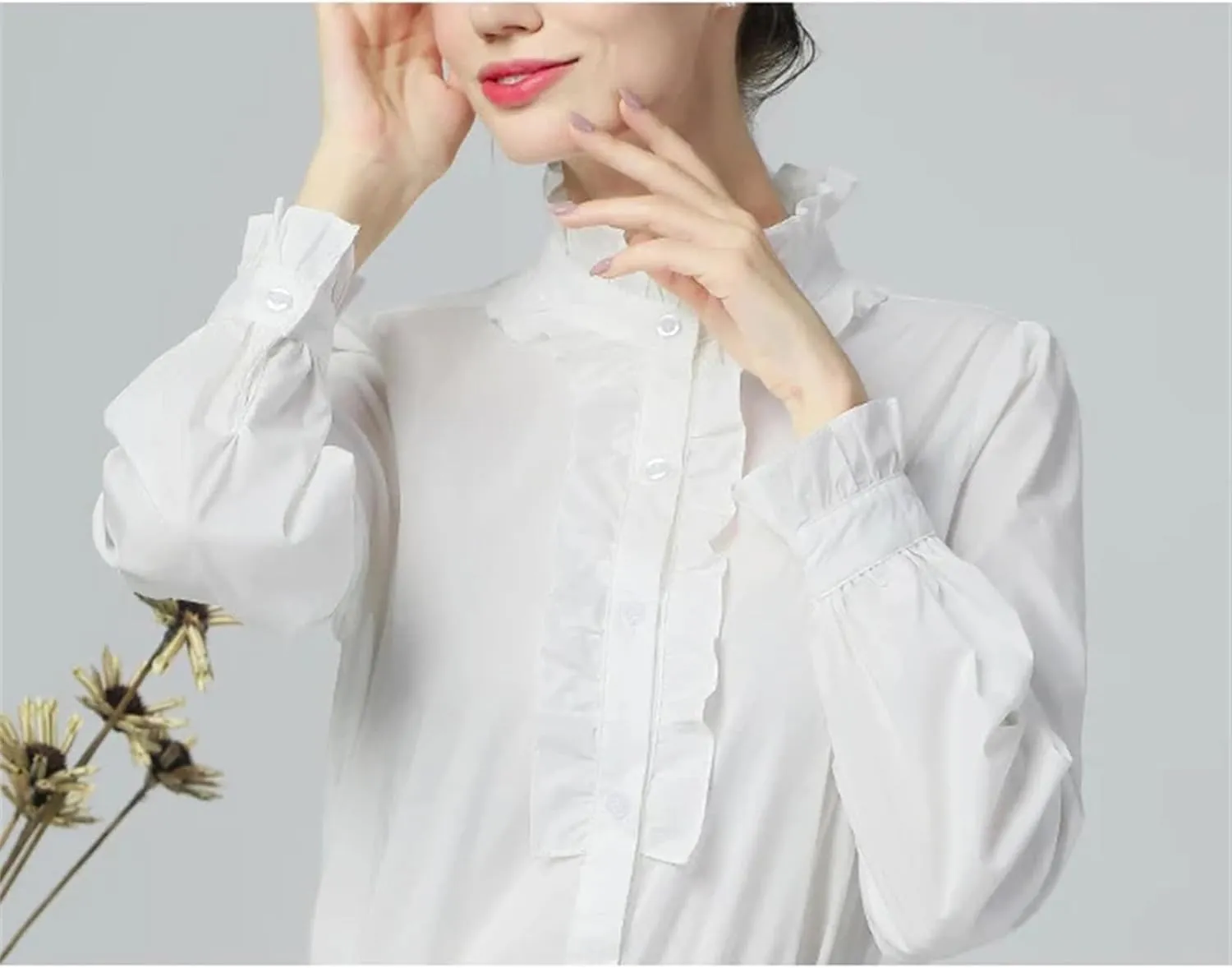 Women's Elegant Ruffled Long Sleeve Button-Down Shirt Casual Loose Stand Collar Cotton Blouses Tops