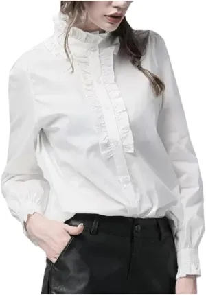 Women's Elegant Ruffled Long Sleeve Button-Down Shirt Casual Loose Stand Collar Cotton Blouses Tops
