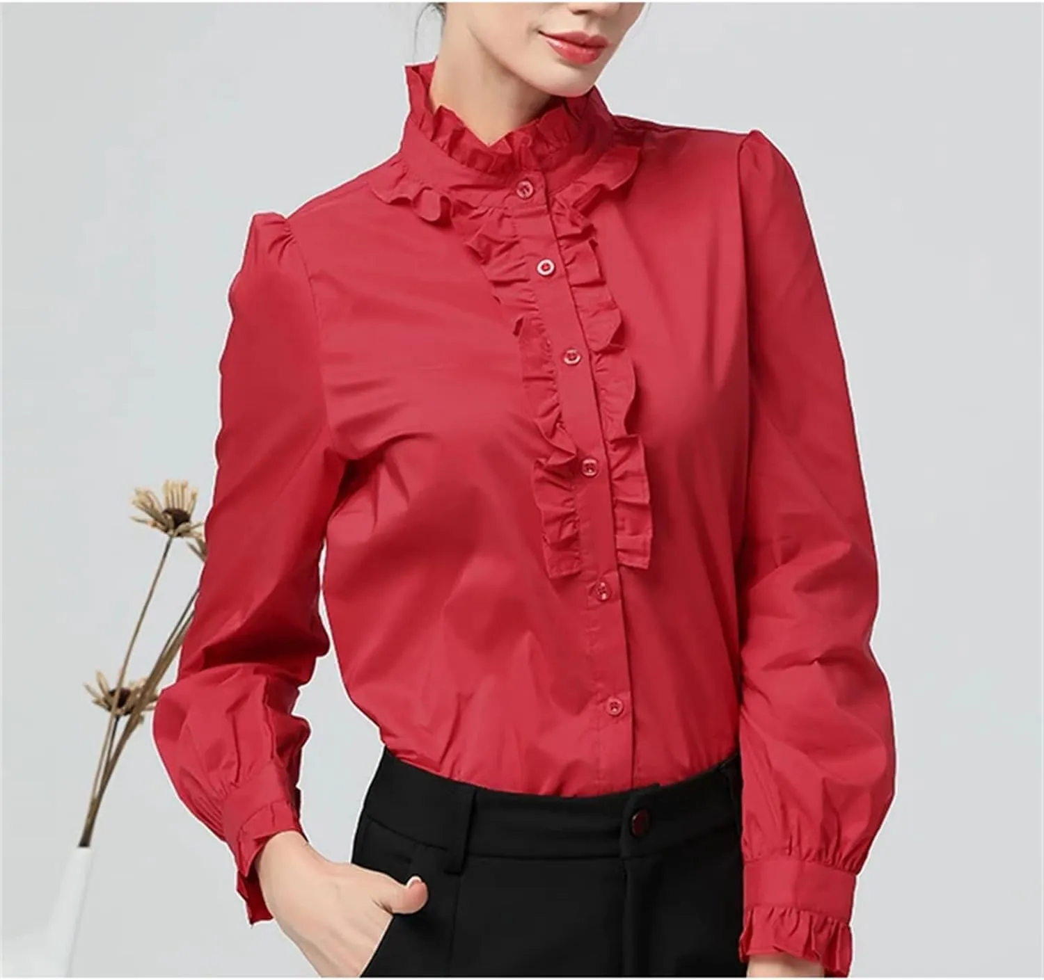 Women's Elegant Ruffled Long Sleeve Button-Down Shirt Casual Loose Stand Collar Cotton Blouses Tops