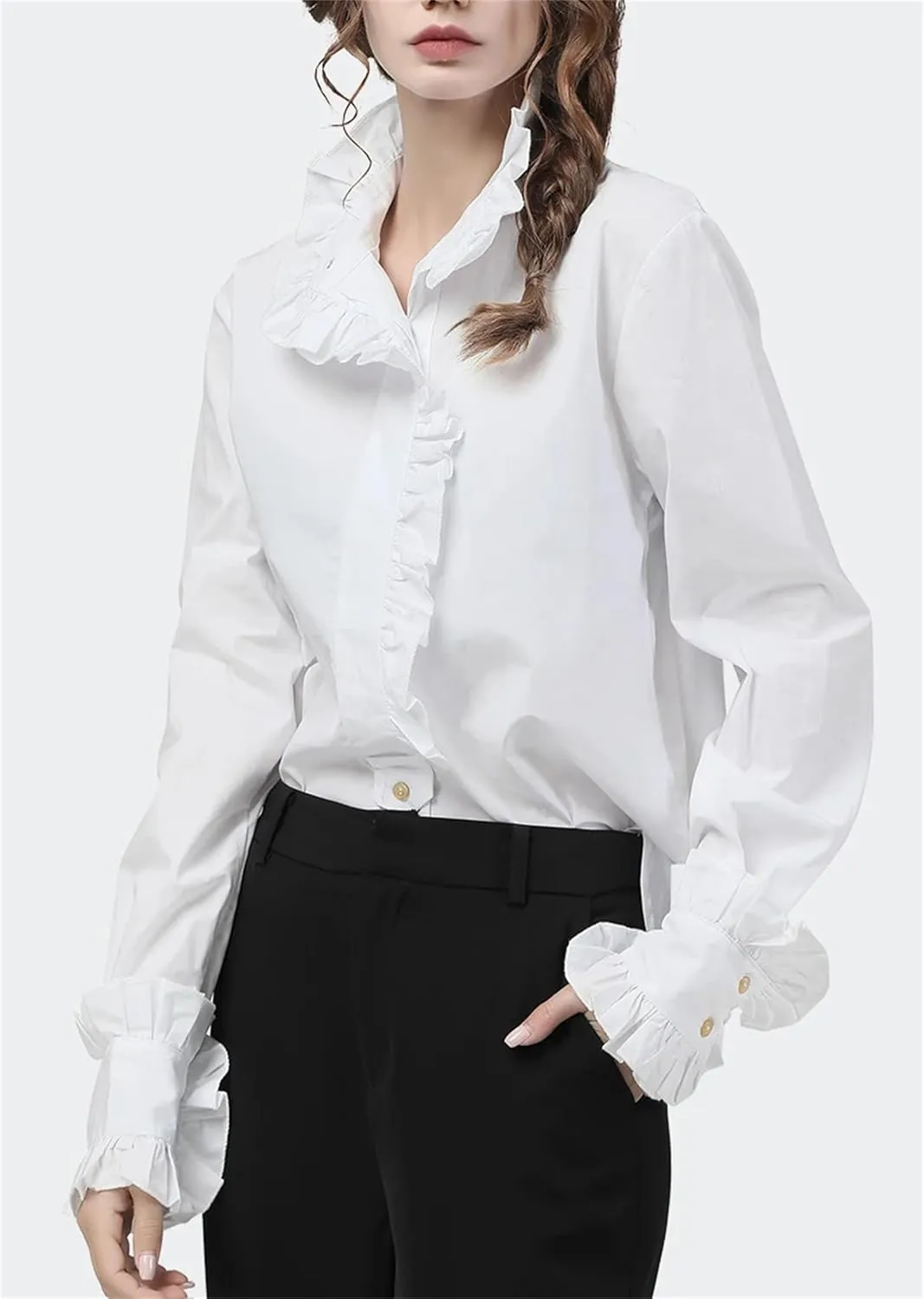 Women's Elegant Ruffles Cotton Flared Long Sleeve Blouses Loose Plus Size Office Lady Dress Shirts