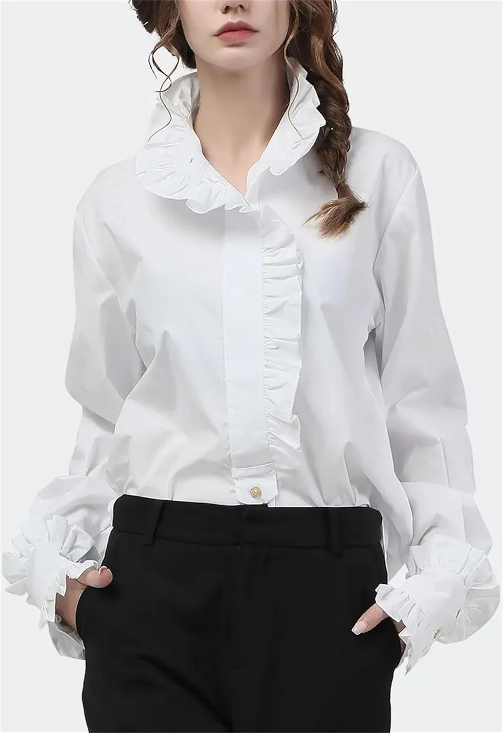 Women's Elegant Ruffles Cotton Flared Long Sleeve Blouses Loose Plus Size Office Lady Dress Shirts