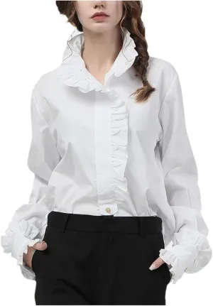 Women's Elegant Ruffles Cotton Flared Long Sleeve Blouses Loose Plus Size Office Lady Dress Shirts