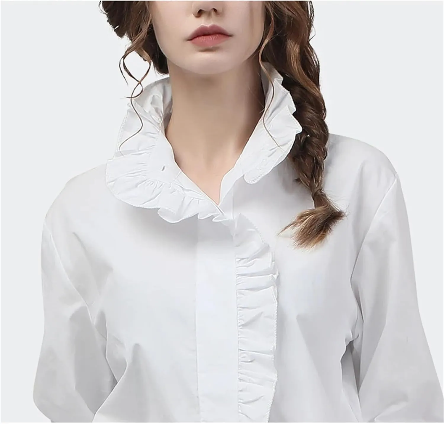 Women's Elegant Ruffles Cotton Flared Long Sleeve Blouses Loose Plus Size Office Lady Dress Shirts