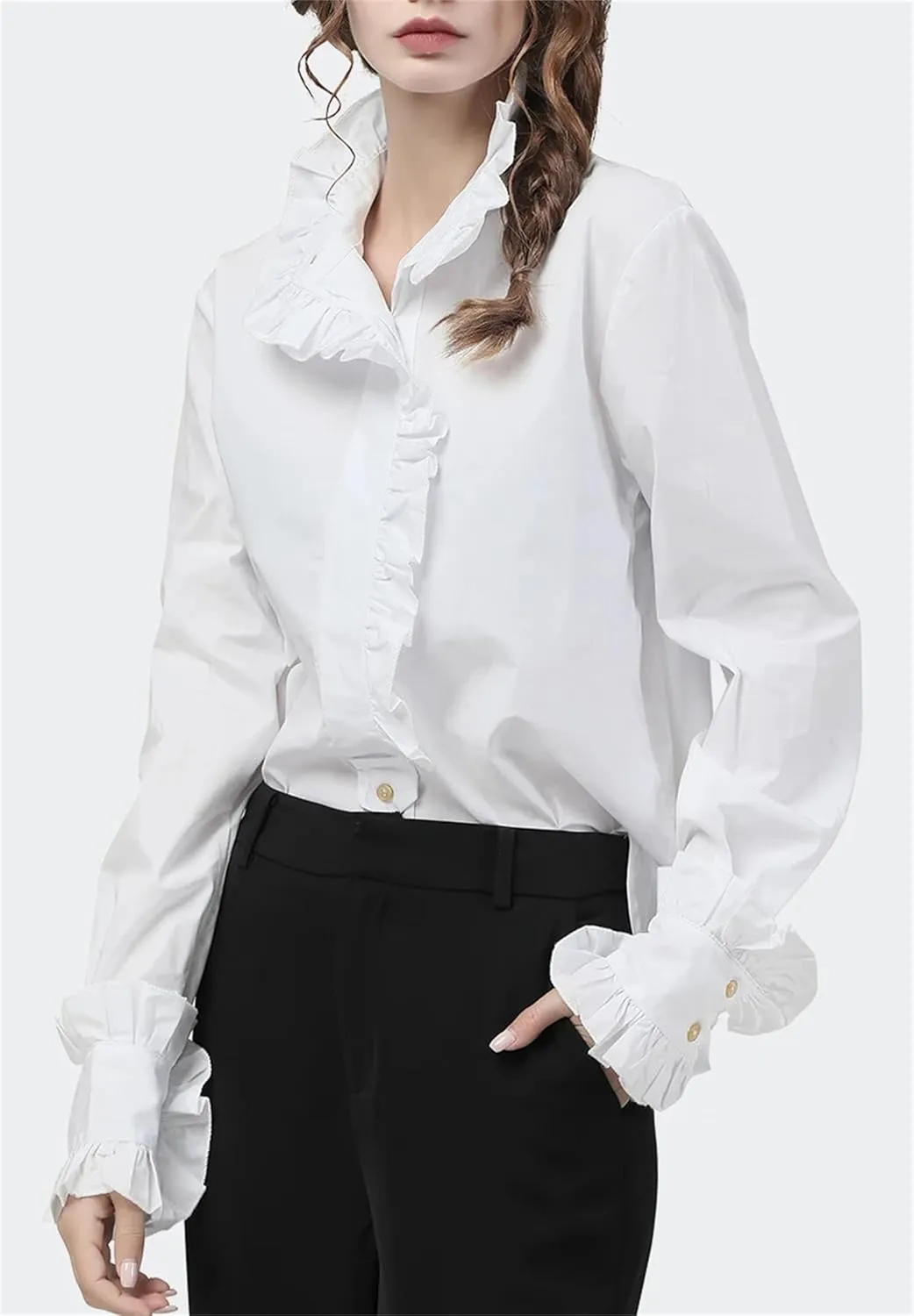 Women's Elegant Ruffles Cotton Flared Long Sleeve Blouses Loose Plus Size Office Lady Dress Shirts